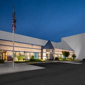 Front view of Dot Foods Maryland distribution center and office at night